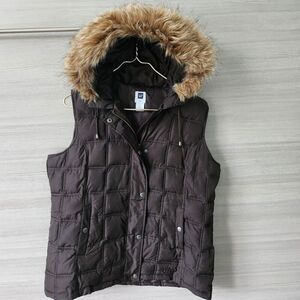 Gap Puffer Vest Women Large Brown‎ Faux Fur Trim Detachable Hood Quilted 518575